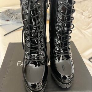 Fashion Nova Glossy Black Lace-Up Heeled Boots